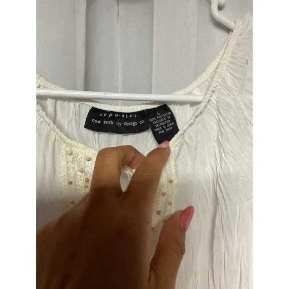 Vtg Separates Ny White Ruched Tie Beaded Blouse Boho Whimsical‎ Small Sheer Y2K - Picture 3 of 8